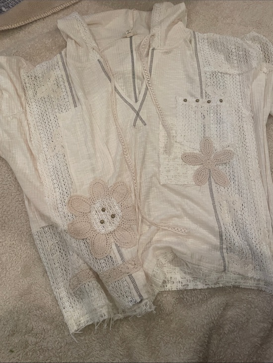 POL Tops - POL Cream Crochet Flower Hooded Top
